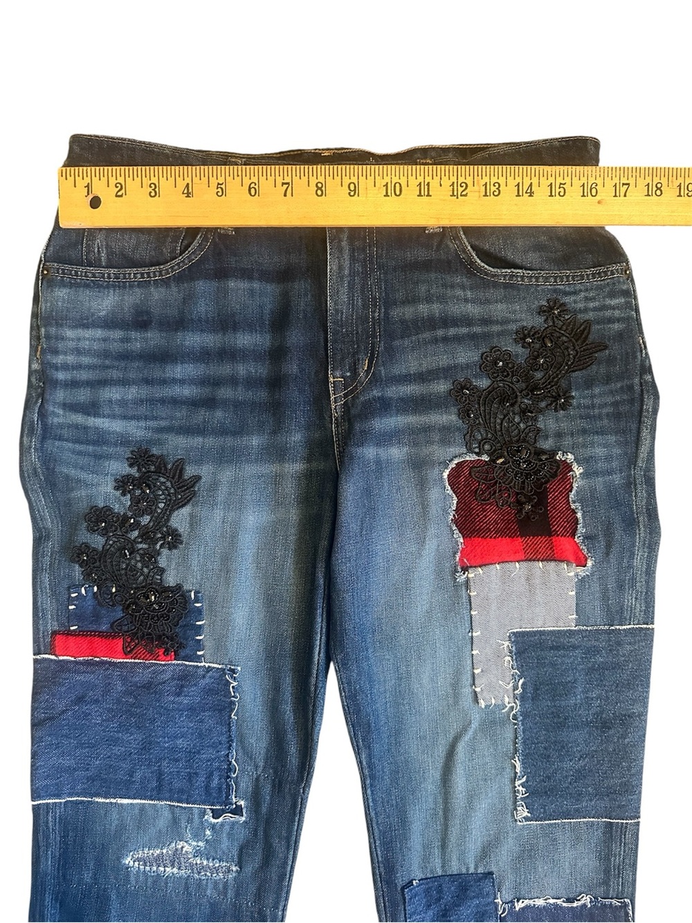 Lauren Ralph Lauren Patchwork Blue Jeans 10 Patch Lace Plaid Tapered Ankle Y2K - Picture 7 of 8